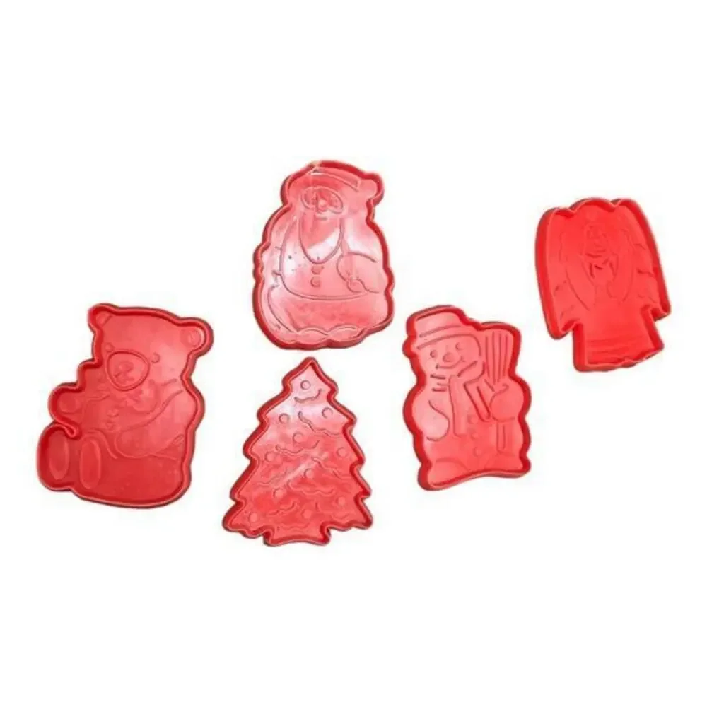 Vintage Christmas Cookie Cutters Set of 5‎ Red Plastic Santa Snowman Tree Angel